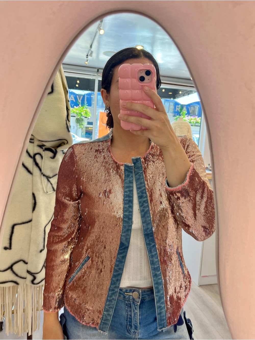 Sam Edelman Denim + Pink Sequin Blazer Jacket